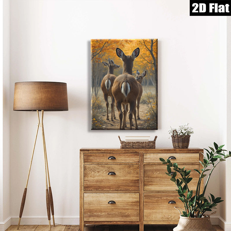 2D flat 1pc Whitetail Deer Forest Trail Autumn Woodland Wildlife Canvas Wall Art for Living Room Bedroom Home Decor Farmhouse Style Modern Rustic Gallery Wrapped