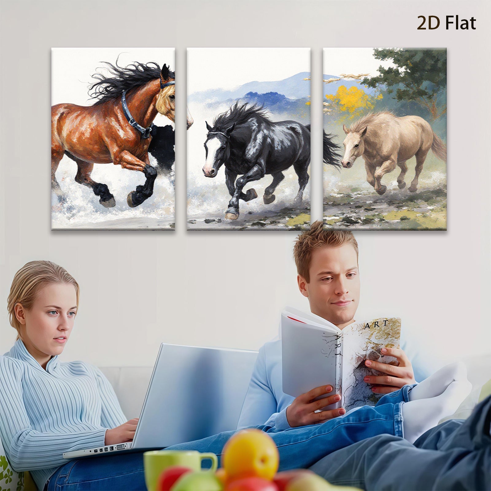 2D flat 1pc Wild Horses Galloping Past Countryside Farmhouse Wall Art Decor for Living Room Bedroom Gallery Wrapped Canvas Prints Modern Rustic Home Decor