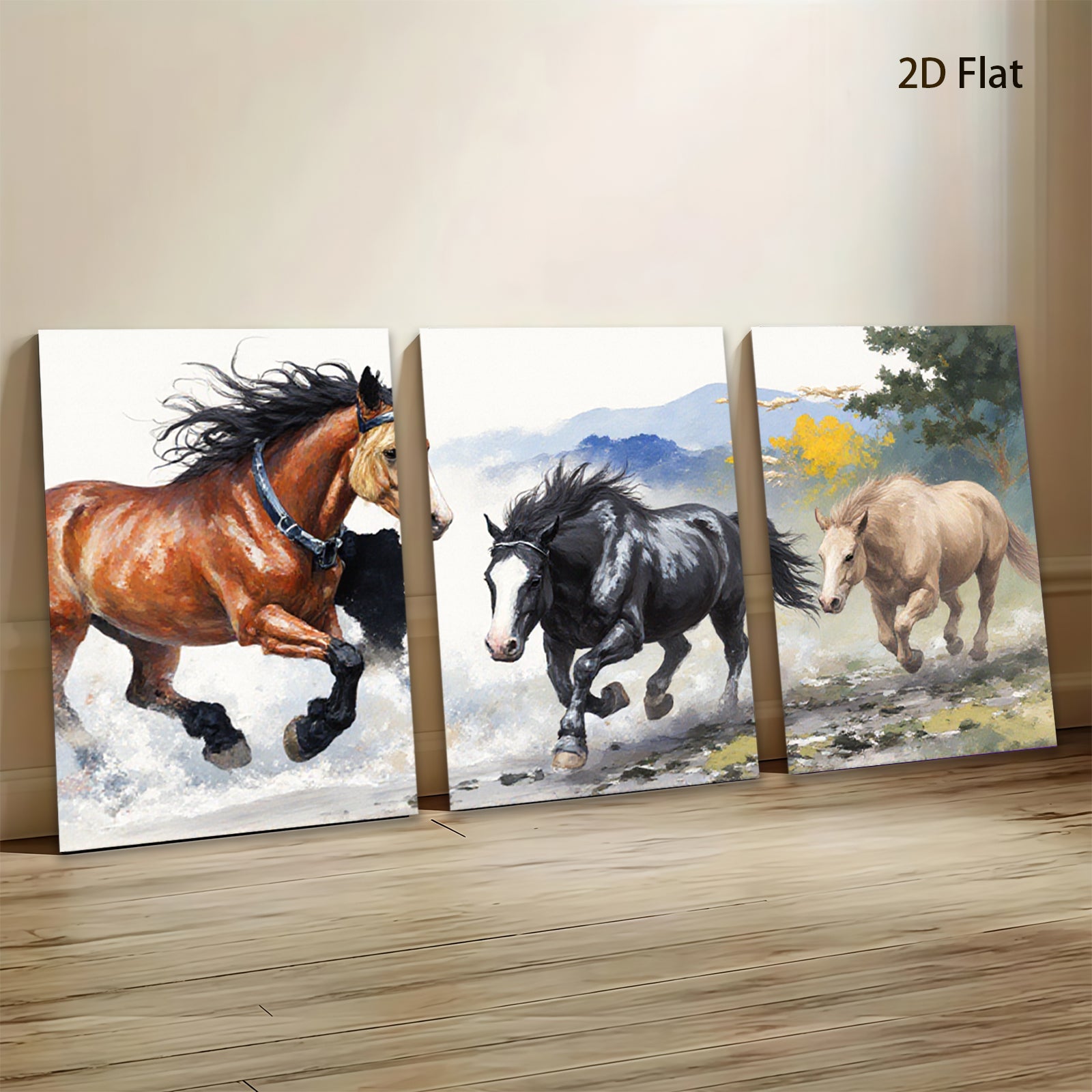 2D flat 1pc Wild Horses Galloping Past Countryside Farmhouse Wall Art Decor for Living Room Bedroom Gallery Wrapped Canvas Prints Modern Rustic Home Decor
