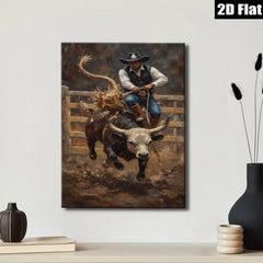 2D flat 1pc Wild Rodeo Cowboy Riding Bull Western Art Canvas Print Farmhouse Wall Decor Living Room Bedroom Modern Rustic Gallery Wrapped
