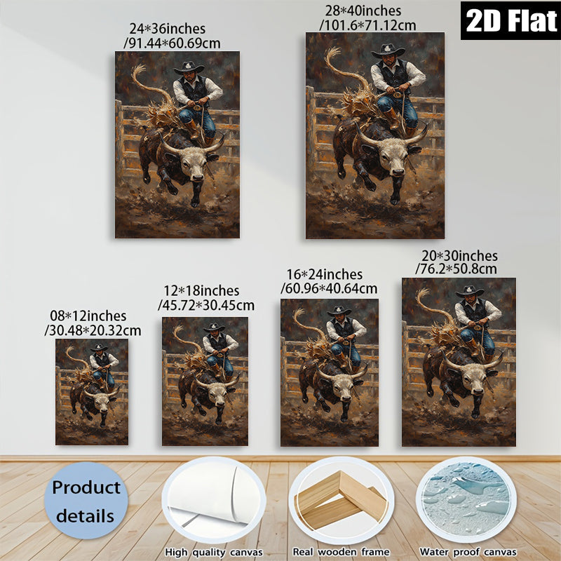 2D flat 1pc Wild Rodeo Cowboy Riding Bull Western Art Canvas Print Farmhouse Wall Decor Living Room Bedroom Modern Rustic Gallery Wrapped