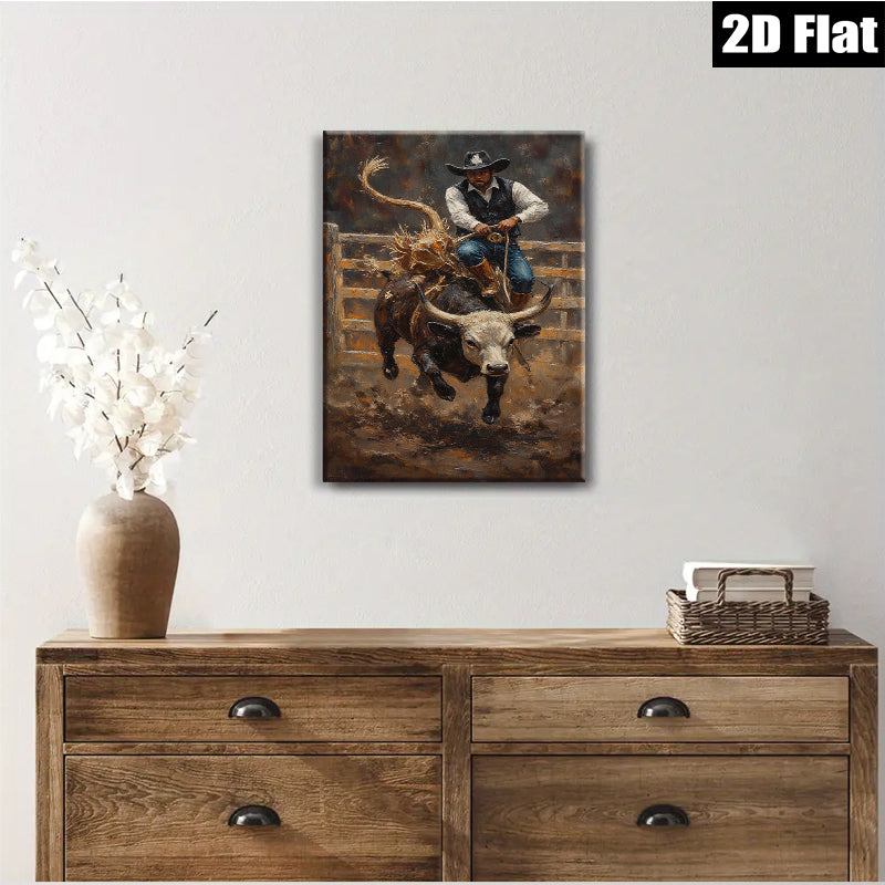 2D flat 1pc Wild Rodeo Cowboy Riding Bull Western Art Canvas Print Farmhouse Wall Decor Living Room Bedroom Modern Rustic Gallery Wrapped
