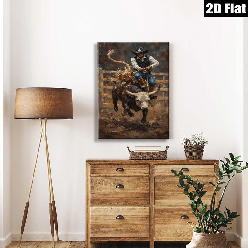 2D flat 1pc Wild Rodeo Cowboy Riding Bull Western Art Canvas Print Farmhouse Wall Decor Living Room Bedroom Modern Rustic Gallery Wrapped