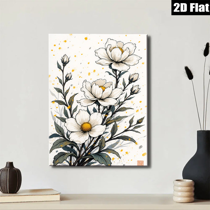 2D flat 1pc Wildflower Botanical Art Print Delicate White Blooms Farmhouse Wall Decor Living Room Bedroom Gallery Wrapped Canvas Art