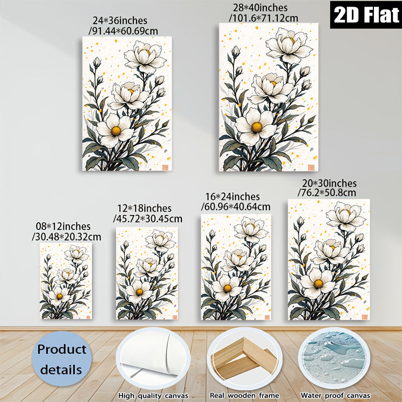 2D flat 1pc Wildflower Botanical Art Print Delicate White Blooms Farmhouse Wall Decor Living Room Bedroom Gallery Wrapped Canvas Art