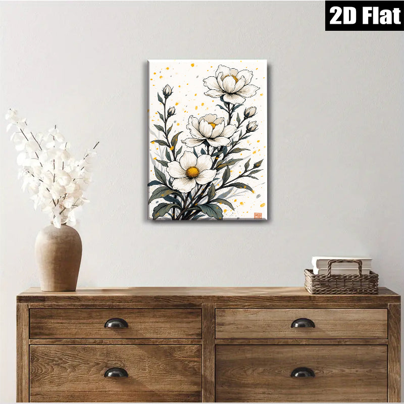 2D flat 1pc Wildflower Botanical Art Print Delicate White Blooms Farmhouse Wall Decor Living Room Bedroom Gallery Wrapped Canvas Art