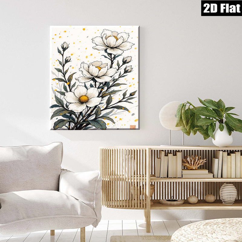 2D flat 1pc Wildflower Botanical Art Print Delicate White Blooms Farmhouse Wall Decor Living Room Bedroom Gallery Wrapped Canvas Art