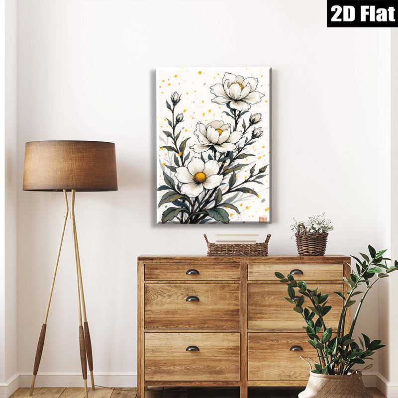 2D flat 1pc Wildflower Botanical Art Print Delicate White Blooms Farmhouse Wall Decor Living Room Bedroom Gallery Wrapped Canvas Art