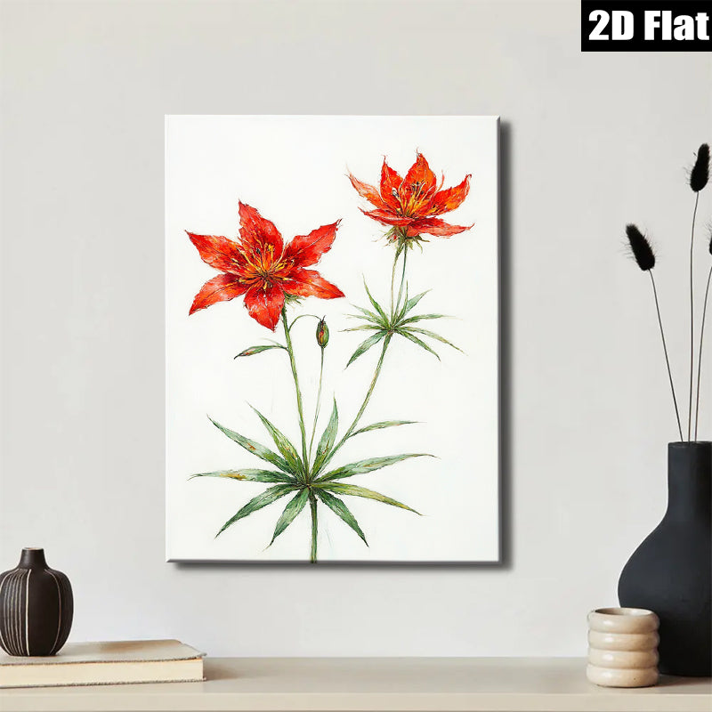 2D flat 1pc Wildflower Botanical Wall Art Print Delicate Red Lilies Living Room Bedroom Home Decor Farmhouse Style Gallery Wrapped Canvas Print
