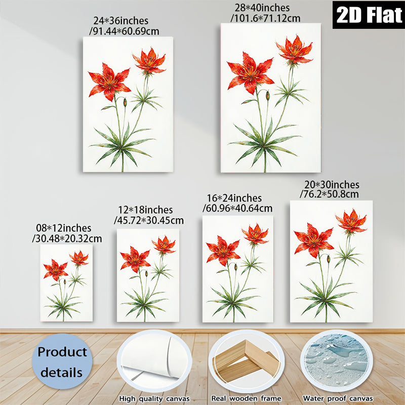 2D flat 1pc Wildflower Botanical Wall Art Print Delicate Red Lilies Living Room Bedroom Home Decor Farmhouse Style Gallery Wrapped Canvas Print