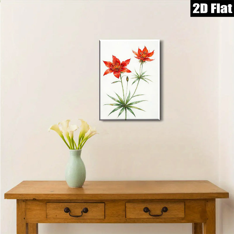 2D flat 1pc Wildflower Botanical Wall Art Print Delicate Red Lilies Living Room Bedroom Home Decor Farmhouse Style Gallery Wrapped Canvas Print
