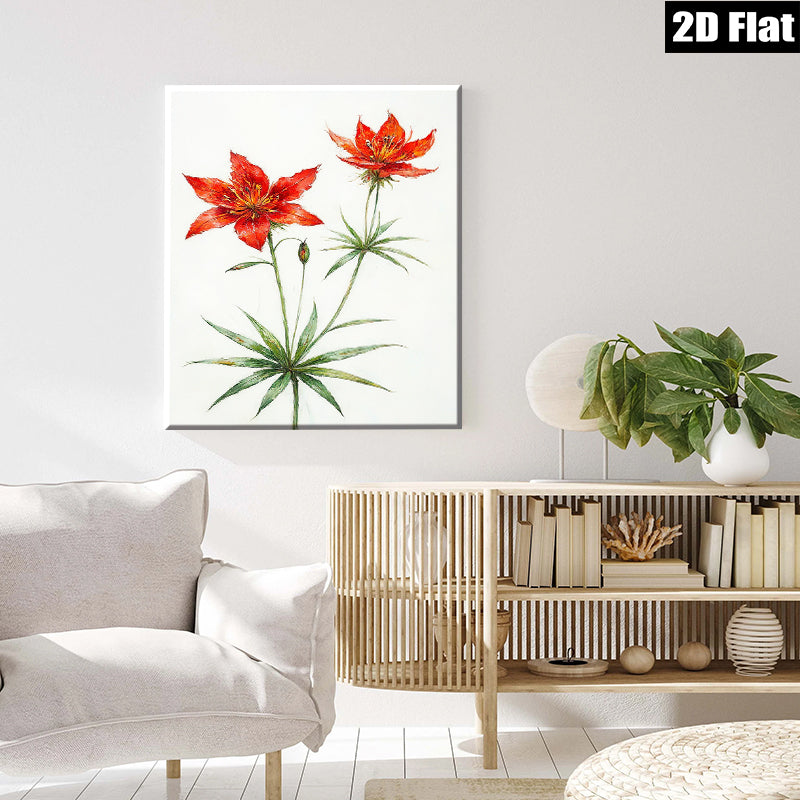 2D flat 1pc Wildflower Botanical Wall Art Print Delicate Red Lilies Living Room Bedroom Home Decor Farmhouse Style Gallery Wrapped Canvas Print