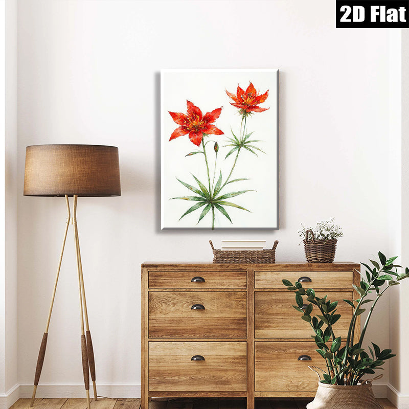 2D flat 1pc Wildflower Botanical Wall Art Print Delicate Red Lilies Living Room Bedroom Home Decor Farmhouse Style Gallery Wrapped Canvas Print