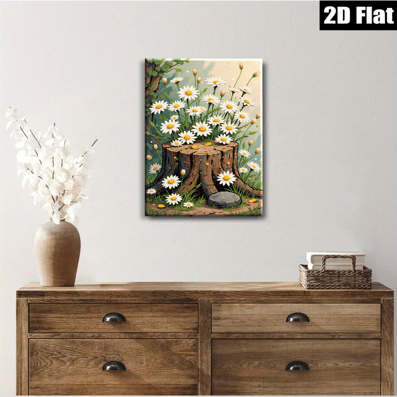 2D flat 1pc Wildflower Tree Stump Rustic Farmhouse Wall Decor for Living Room Bedroom Bathroom Gallery Wrapped Canvas Print Modern Botanical Art Home Cozy Vibes