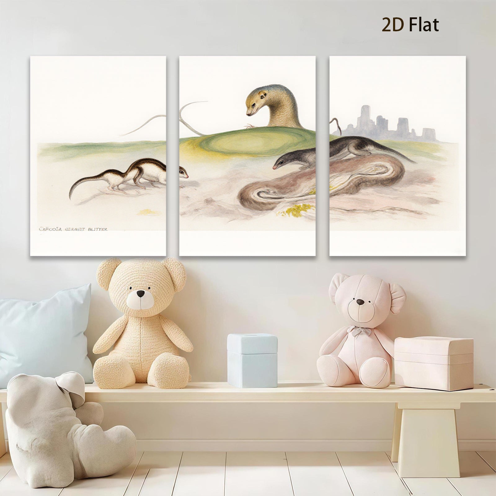 2D flat 1pc Wildlife Illustration Weasels Countryside Scenic Wall Art Home Decor Living Room Bedroom Gallery Wrapped Canvas Prints Modern Farmhouse Style