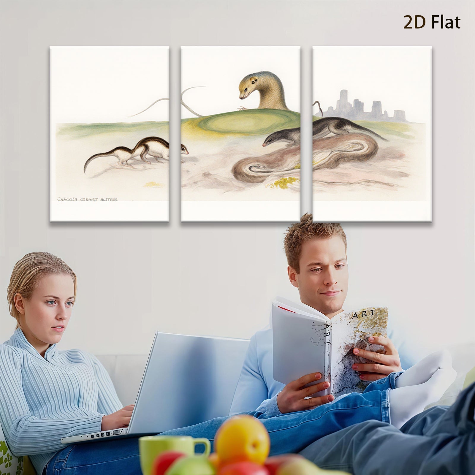 2D flat 1pc Wildlife Illustration Weasels Countryside Scenic Wall Art Home Decor Living Room Bedroom Gallery Wrapped Canvas Prints Modern Farmhouse Style