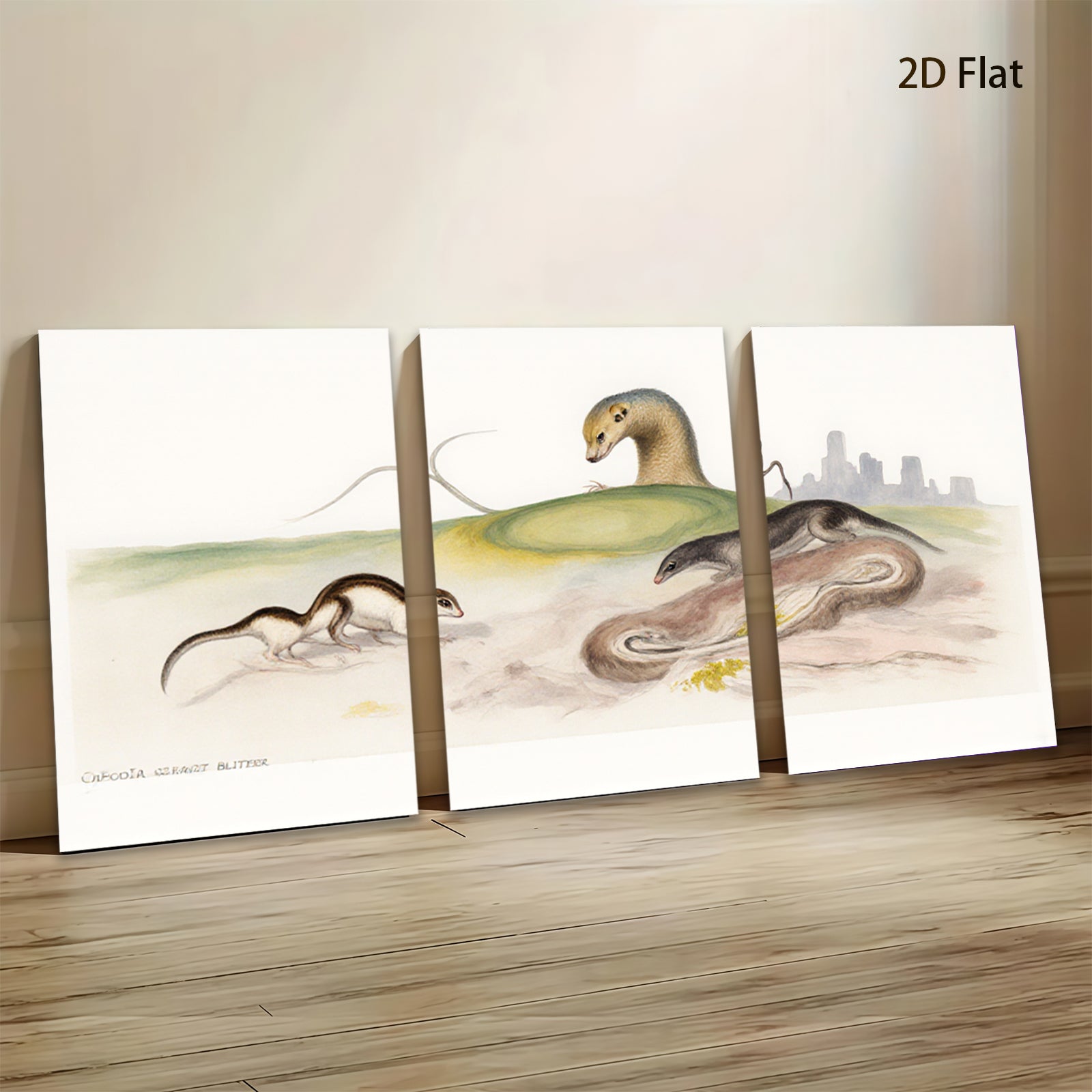 2D flat 1pc Wildlife Illustration Weasels Countryside Scenic Wall Art Home Decor Living Room Bedroom Gallery Wrapped Canvas Prints Modern Farmhouse Style