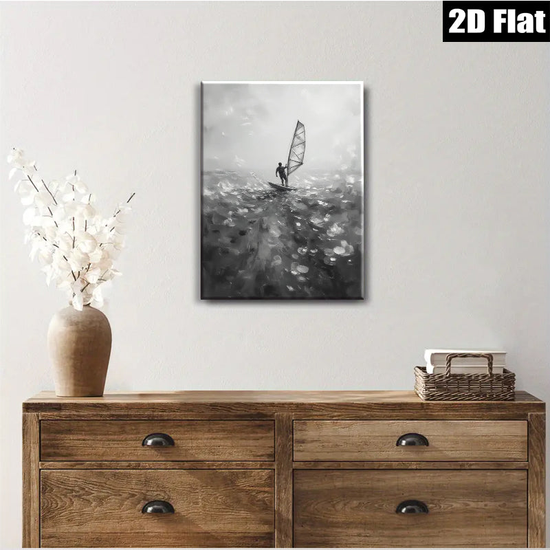 2D flat 1pc Windswept Sailor Dramatic Ocean Canvas Wall Art Coastal Beach Home Decor Living Room Bedroom Modern Farmhouse Style