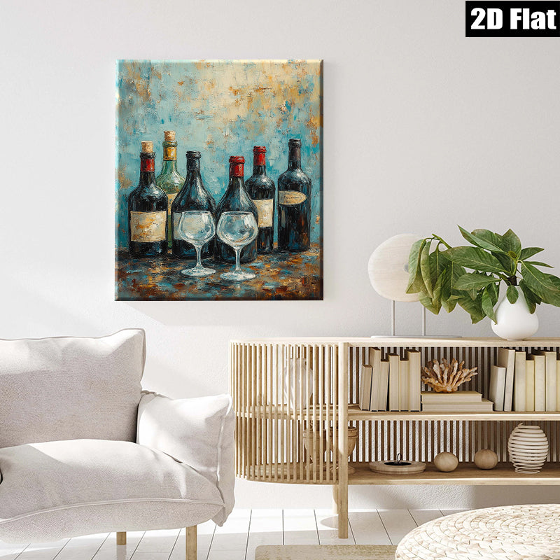 2D flat 1pc Wine Bottles Still Life Painting for Dining Room Bar Kitchen Home Decor Wall Art Canvas Prints Modern Farmhouse Style