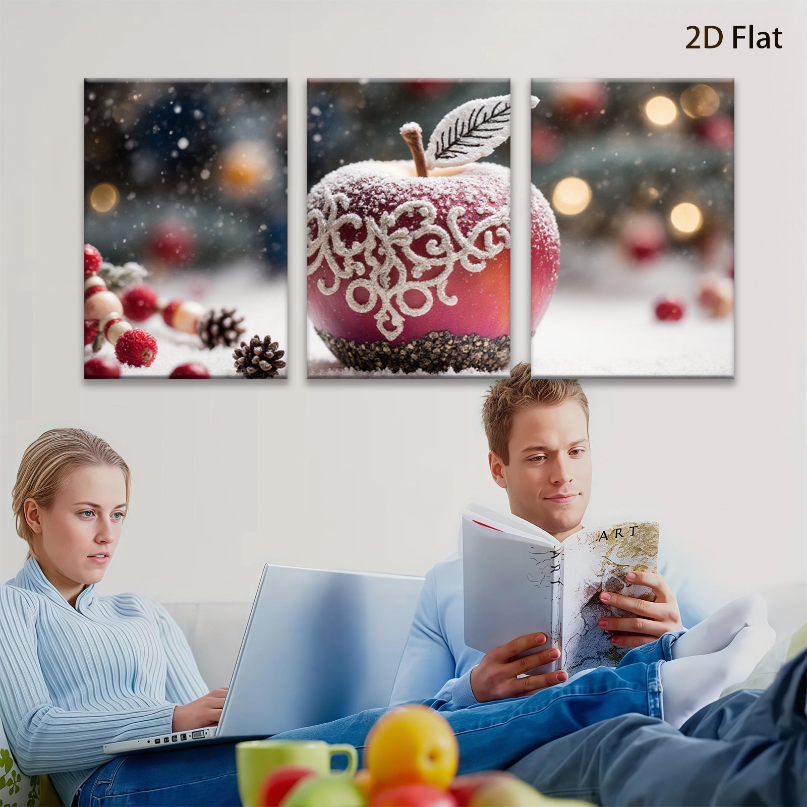 2D flat 1pc Winter Apple Delight Festive Holiday Wall Art Canvas Prints Living Room Bedroom Decor Farmhouse Style Modern Minimalist Artwork