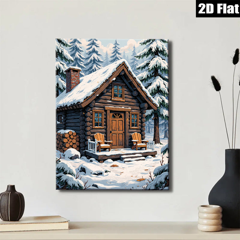 2D flat 1pc Winter Cabin Snow Scene Wall Art Cozy Lodge Decor Farmhouse Style Living Room Bedroom Gallery Wrapped Canvas Prints Ready to Hang