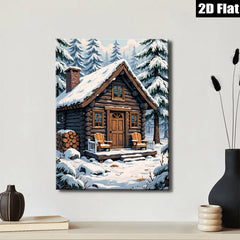 2D flat 1pc Winter Cabin Snow Scene Wall Art Cozy Lodge Decor Farmhouse Style Living Room Bedroom Gallery Wrapped Canvas Prints Ready to Hang