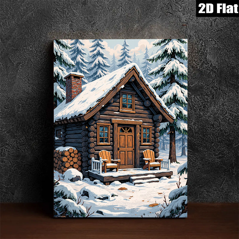 2D flat 1pc Winter Cabin Snow Scene Wall Art Cozy Lodge Decor Farmhouse Style Living Room Bedroom Gallery Wrapped Canvas Prints Ready to Hang