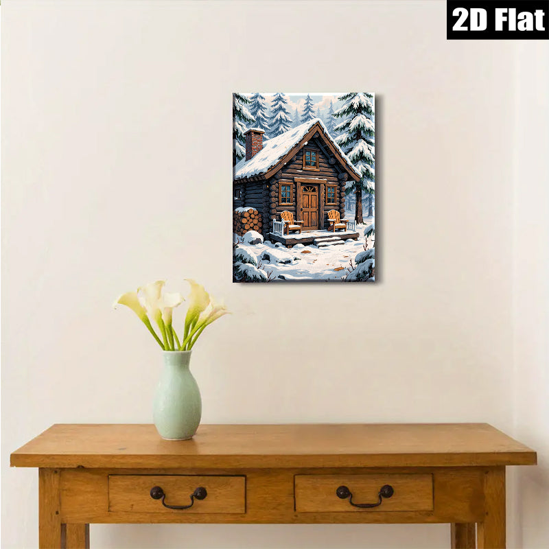 2D flat 1pc Winter Cabin Snow Scene Wall Art Cozy Lodge Decor Farmhouse Style Living Room Bedroom Gallery Wrapped Canvas Prints Ready to Hang