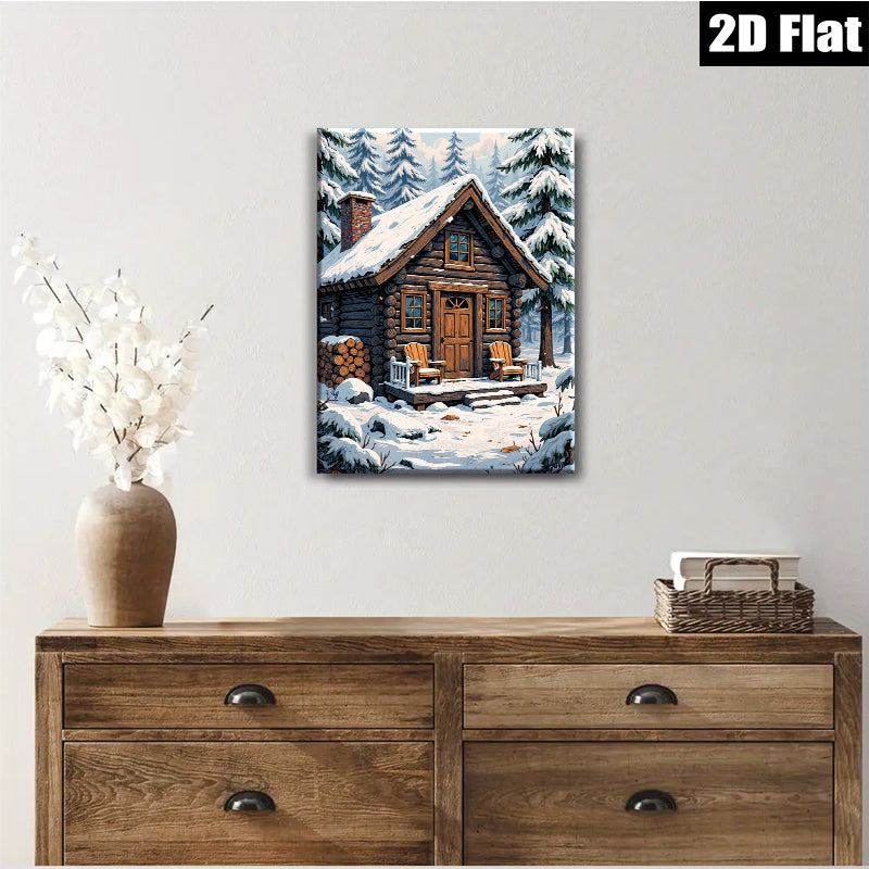 2D flat 1pc Winter Cabin Snow Scene Wall Art Cozy Lodge Decor Farmhouse Style Living Room Bedroom Gallery Wrapped Canvas Prints Ready to Hang