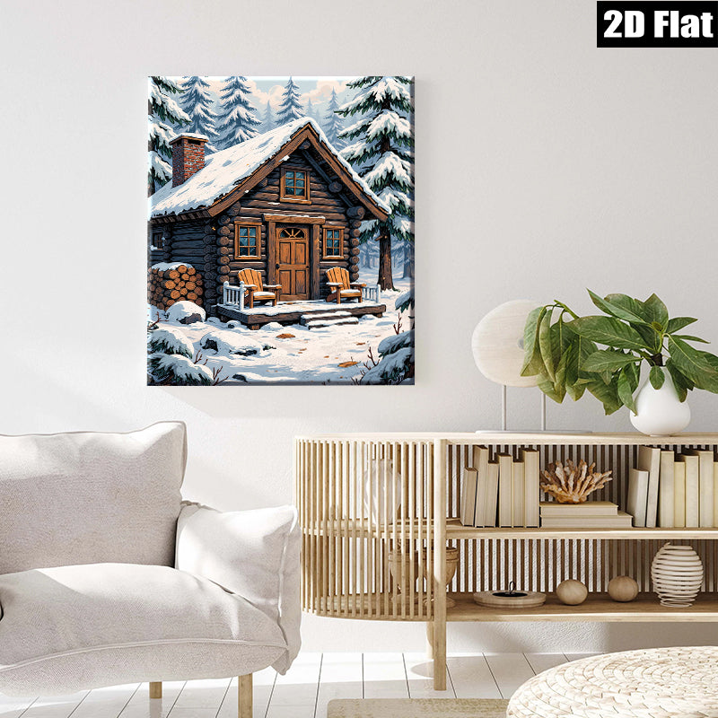 2D flat 1pc Winter Cabin Snow Scene Wall Art Cozy Lodge Decor Farmhouse Style Living Room Bedroom Gallery Wrapped Canvas Prints Ready to Hang