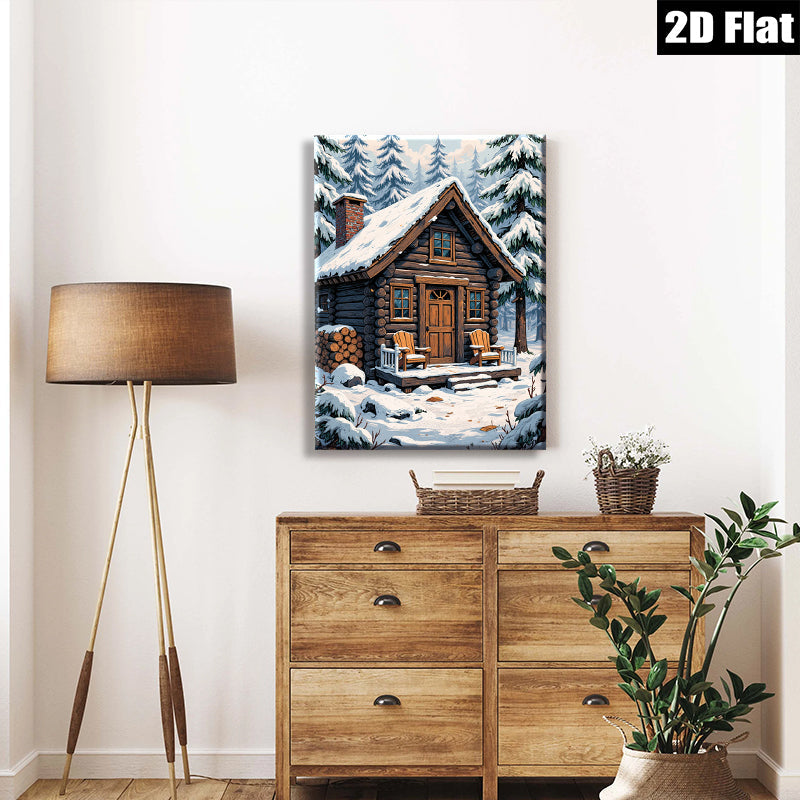 2D flat 1pc Winter Cabin Snow Scene Wall Art Cozy Lodge Decor Farmhouse Style Living Room Bedroom Gallery Wrapped Canvas Prints Ready to Hang