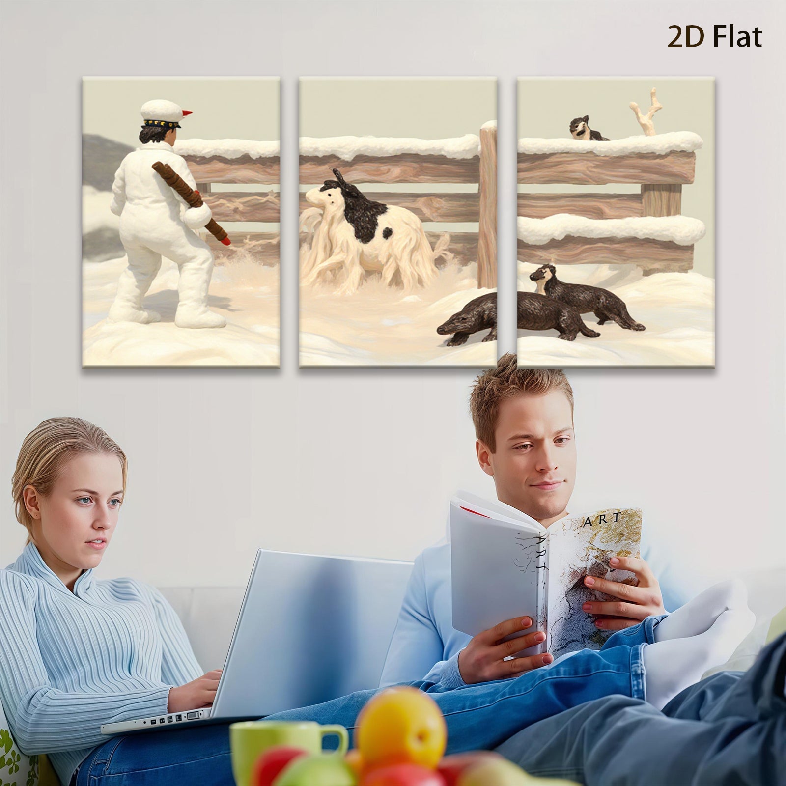 2D flat 1pc Winter Farm Scene with Shepherd Dogs Rustic Wall Art for Living Room Bedroom Home Decor farmhouse style cozy vibes gallery wrapped canvas prints