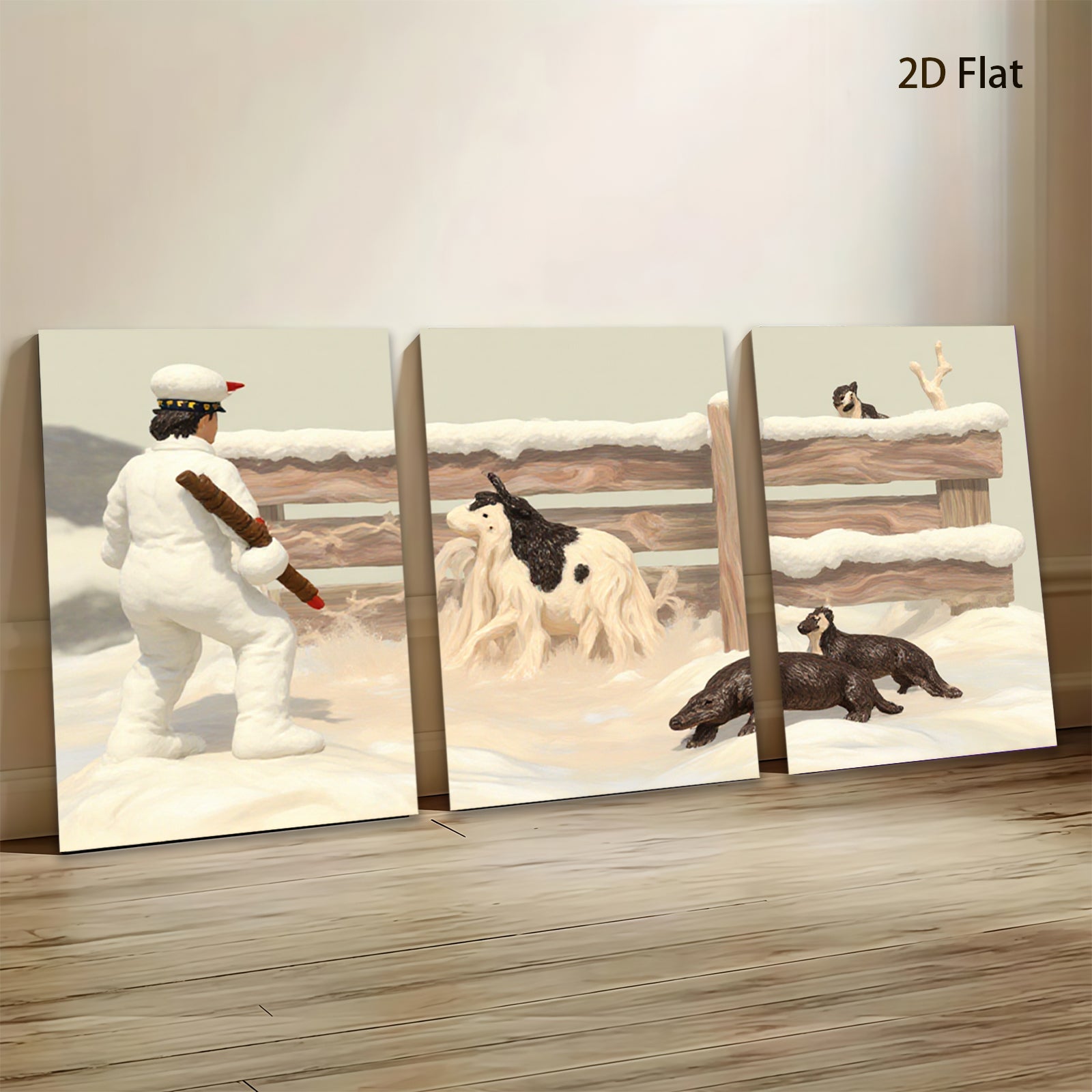 2D flat 1pc Winter Farm Scene with Shepherd Dogs Rustic Wall Art for Living Room Bedroom Home Decor farmhouse style cozy vibes gallery wrapped canvas prints