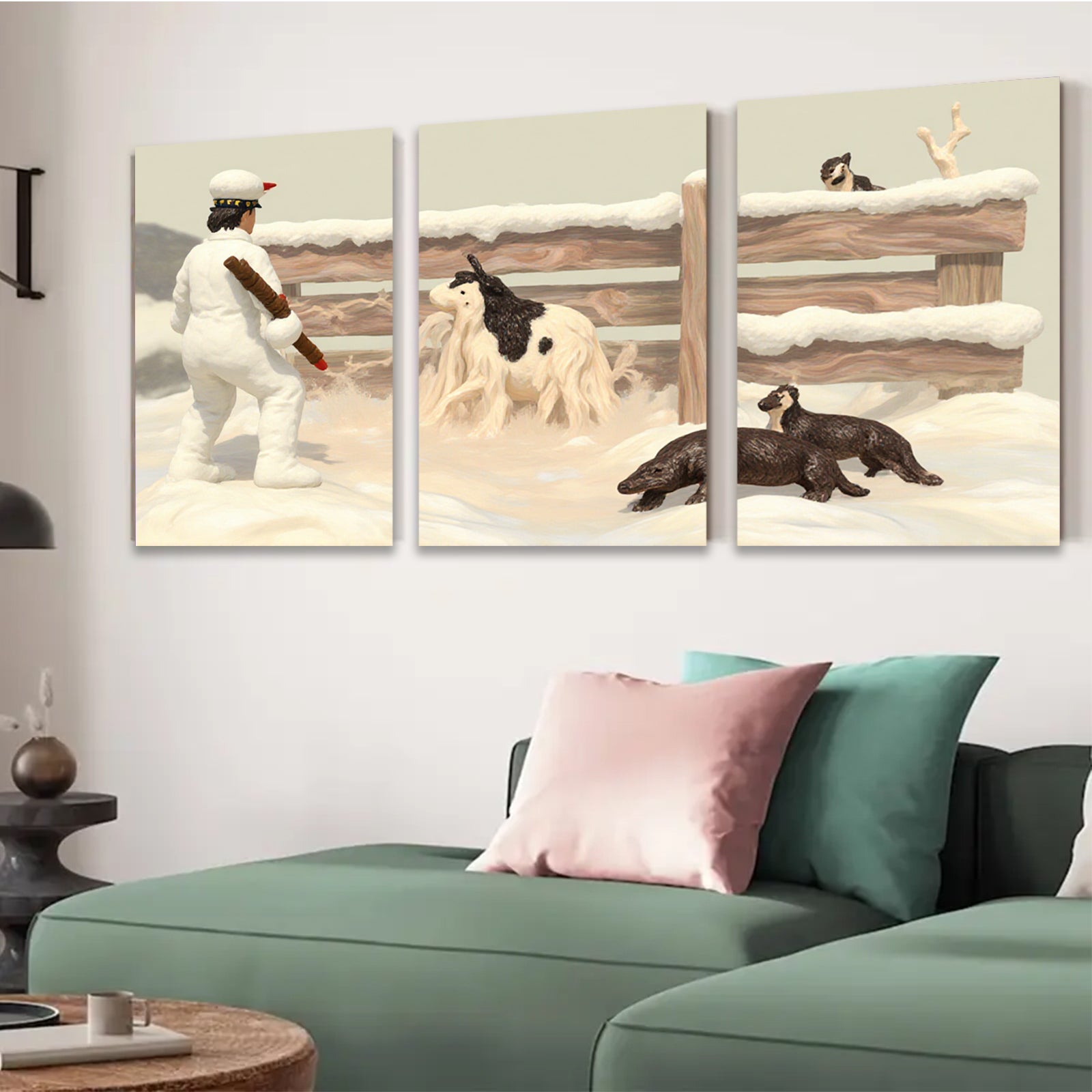 2D flat 1pc Winter Farm Scene with Shepherd Dogs Rustic Wall Art for Living Room Bedroom Home Decor farmhouse style cozy vibes gallery wrapped canvas prints