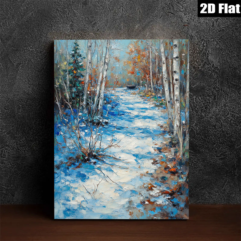 2D flat 1pc Winter Forest Stream Landscape Wall Art Canvas Prints for Living Room Bedroom Home Decor farmhouse style cozy vibes modern gallery wrapped ready to hang