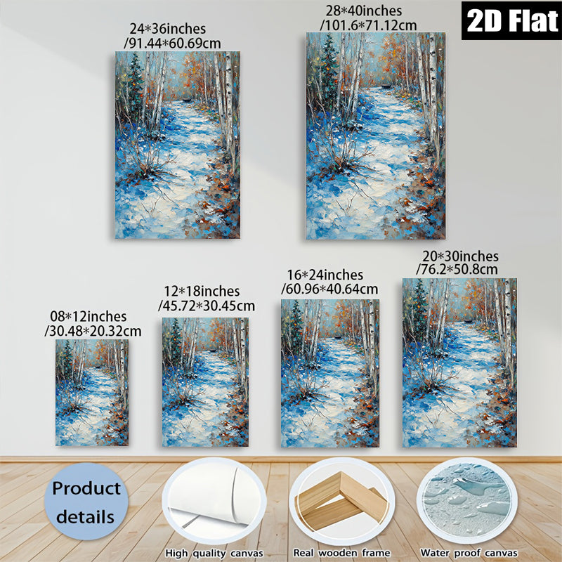 2D flat 1pc Winter Forest Stream Landscape Wall Art Canvas Prints for Living Room Bedroom Home Decor farmhouse style cozy vibes modern gallery wrapped ready to hang