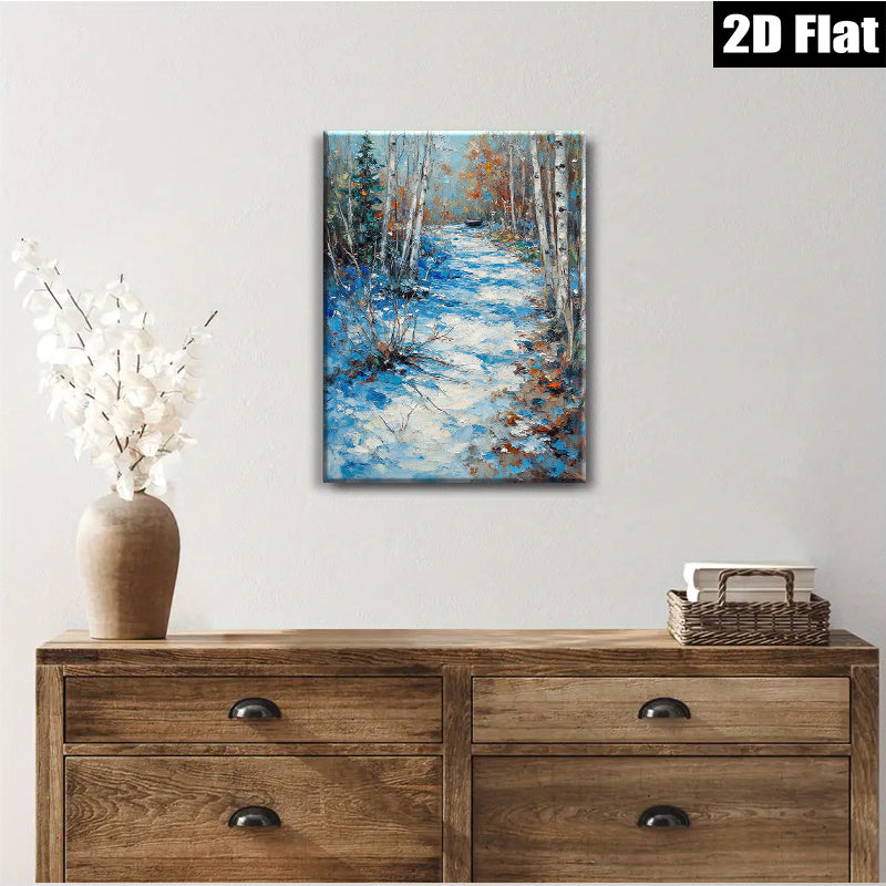 2D flat 1pc Winter Forest Stream Landscape Wall Art Canvas Prints for Living Room Bedroom Home Decor farmhouse style cozy vibes modern gallery wrapped ready to hang