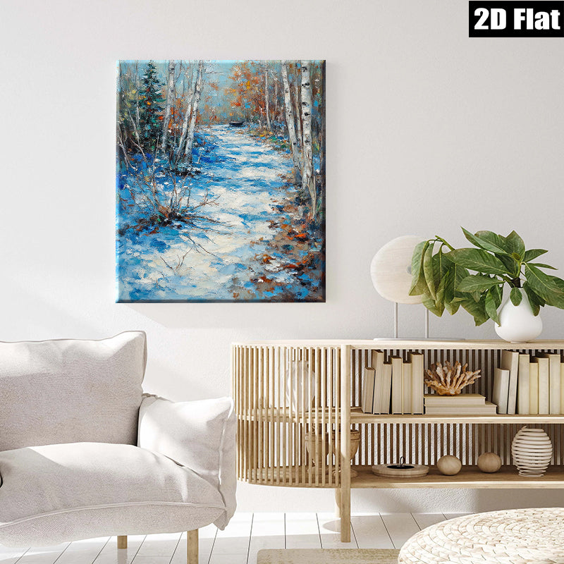 2D flat 1pc Winter Forest Stream Landscape Wall Art Canvas Prints for Living Room Bedroom Home Decor farmhouse style cozy vibes modern gallery wrapped ready to hang