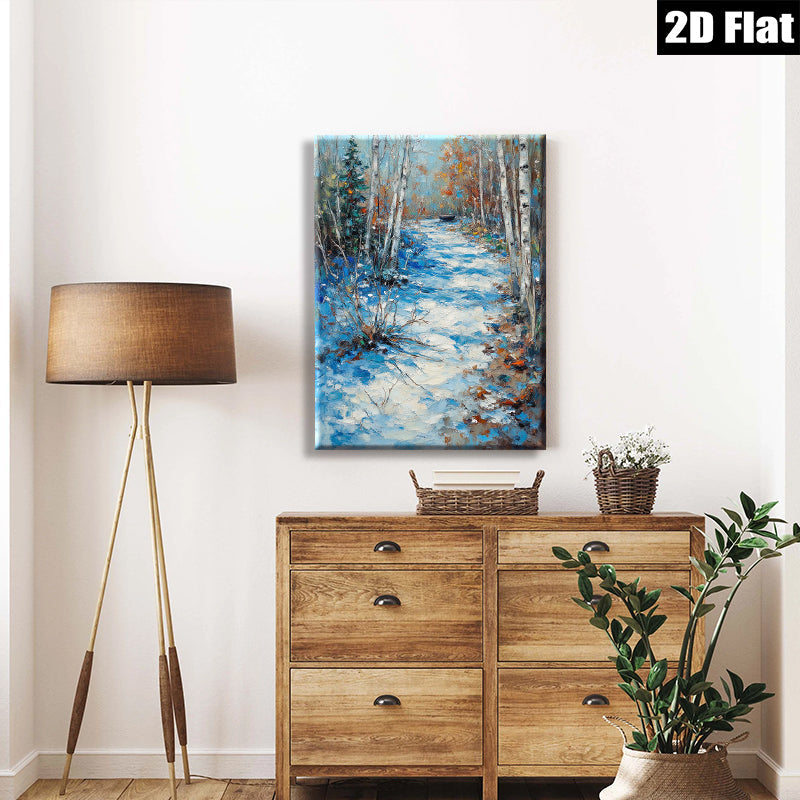 2D flat 1pc Winter Forest Stream Landscape Wall Art Canvas Prints for Living Room Bedroom Home Decor farmhouse style cozy vibes modern gallery wrapped ready to hang