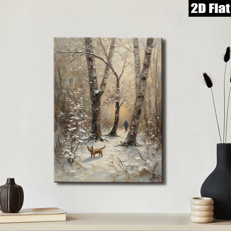 2D flat 1pc Winter Forest Walk with Dog Rustic Landscape Wall Art for Living Room Bedroom Home Decor farmhouse style modern gallery wrapped
