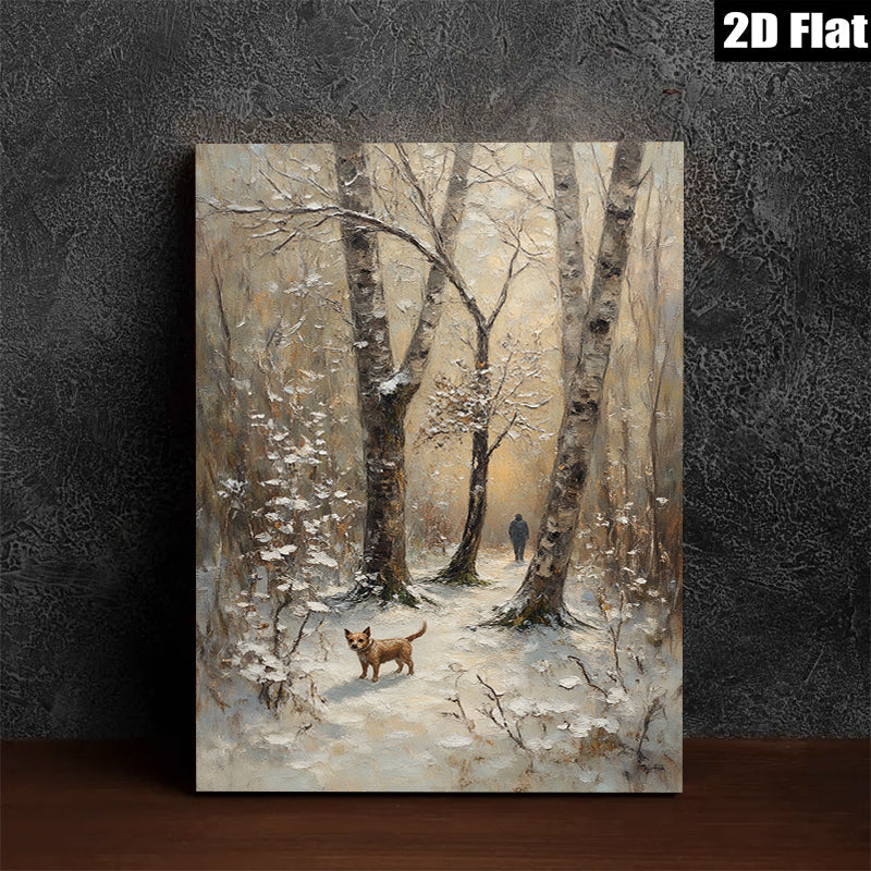 2D flat 1pc Winter Forest Walk with Dog Rustic Landscape Wall Art for Living Room Bedroom Home Decor farmhouse style modern gallery wrapped