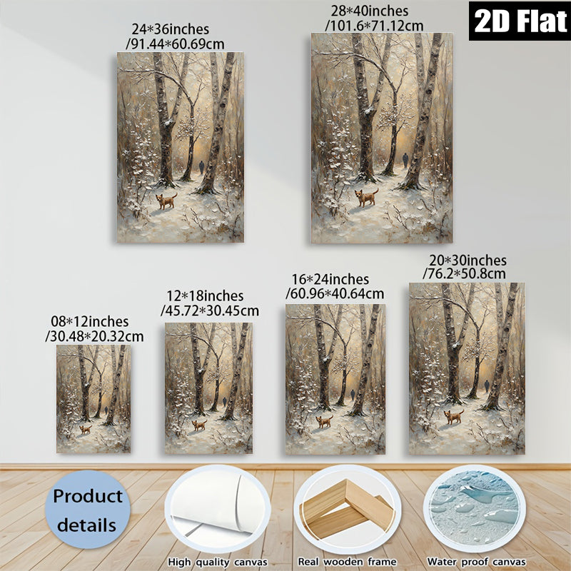 2D flat 1pc Winter Forest Walk with Dog Rustic Landscape Wall Art for Living Room Bedroom Home Decor farmhouse style modern gallery wrapped