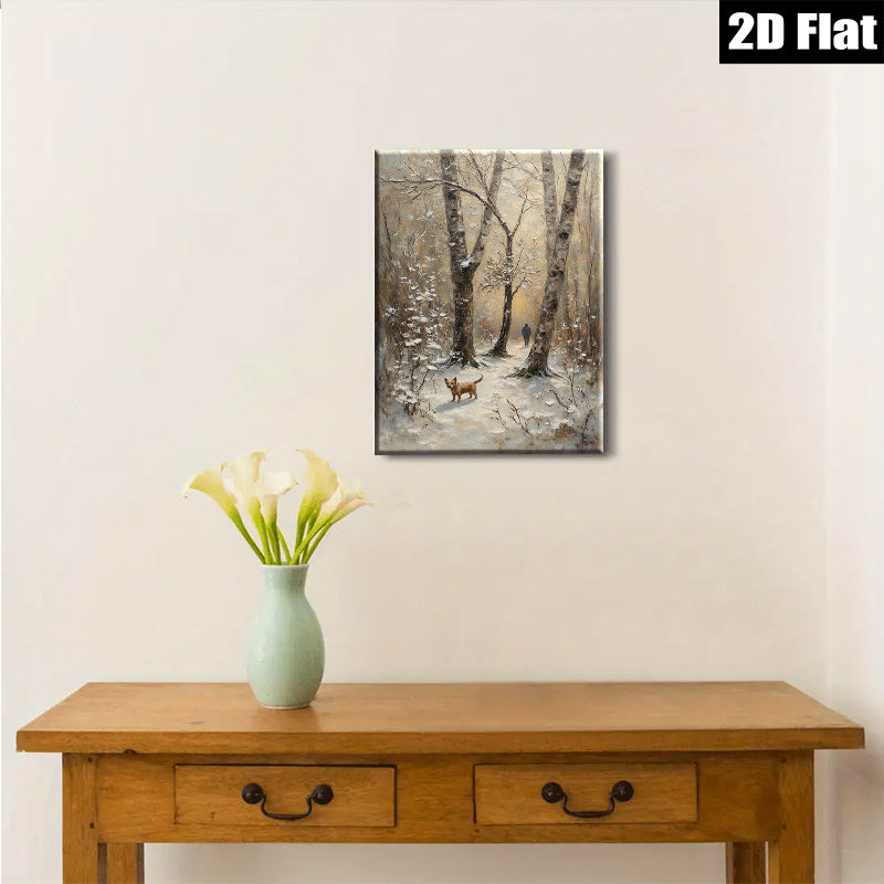 2D flat 1pc Winter Forest Walk with Dog Rustic Landscape Wall Art for Living Room Bedroom Home Decor farmhouse style modern gallery wrapped
