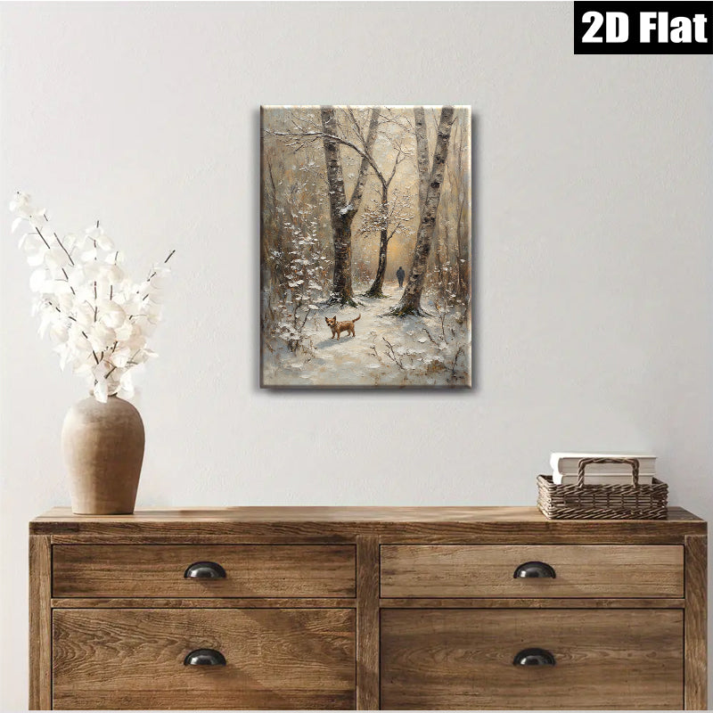 2D flat 1pc Winter Forest Walk with Dog Rustic Landscape Wall Art for Living Room Bedroom Home Decor farmhouse style modern gallery wrapped