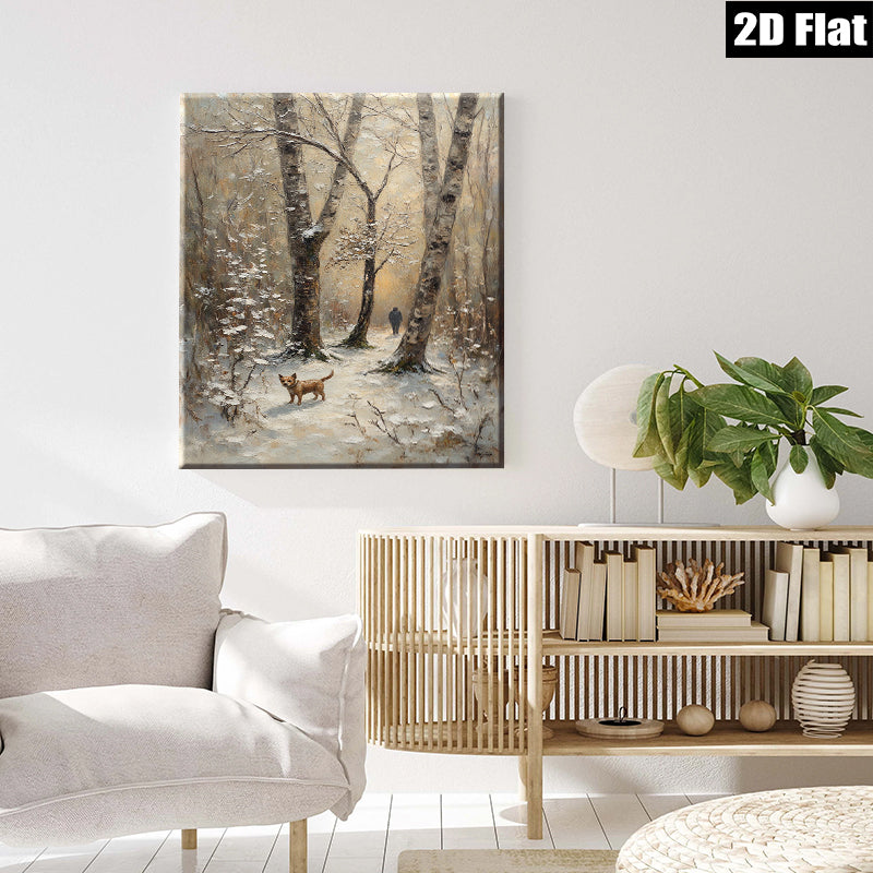 2D flat 1pc Winter Forest Walk with Dog Rustic Landscape Wall Art for Living Room Bedroom Home Decor farmhouse style modern gallery wrapped