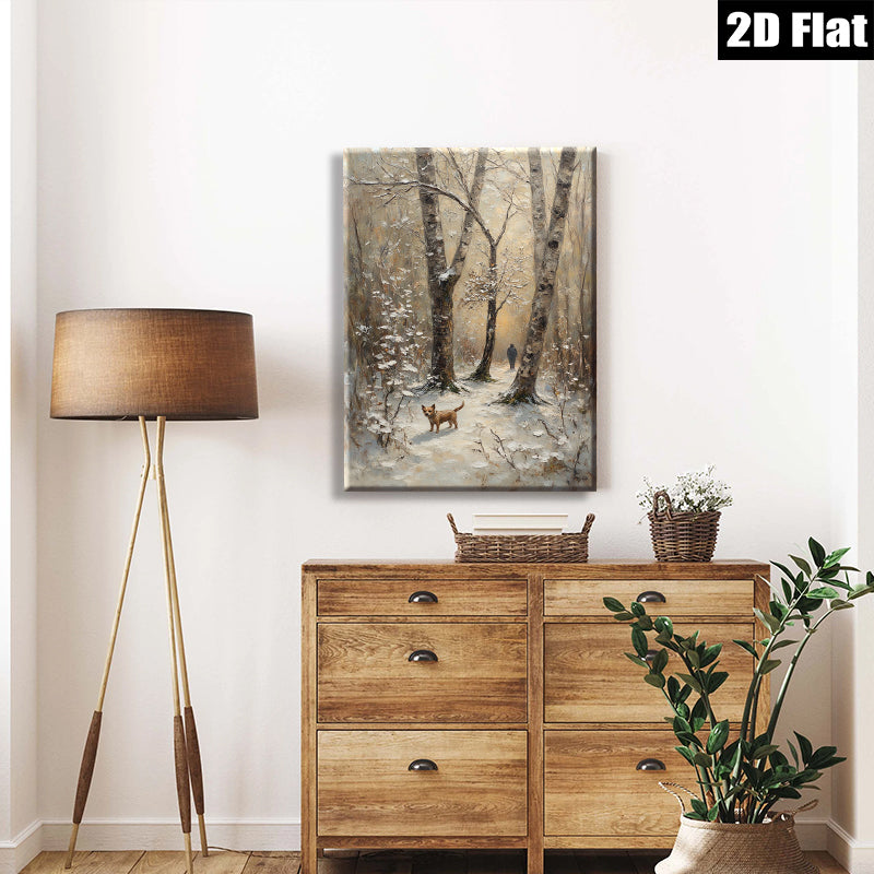 2D flat 1pc Winter Forest Walk with Dog Rustic Landscape Wall Art for Living Room Bedroom Home Decor farmhouse style modern gallery wrapped