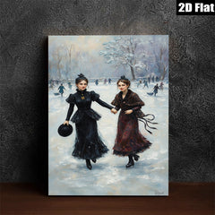 2D flat 1pc Winter Ice Skating Ladies Victorian Era Wall Art Canvas Prints For Living Room Bedroom Home Decor Farmhouse Style Gallery Wrapped Ready To Hang