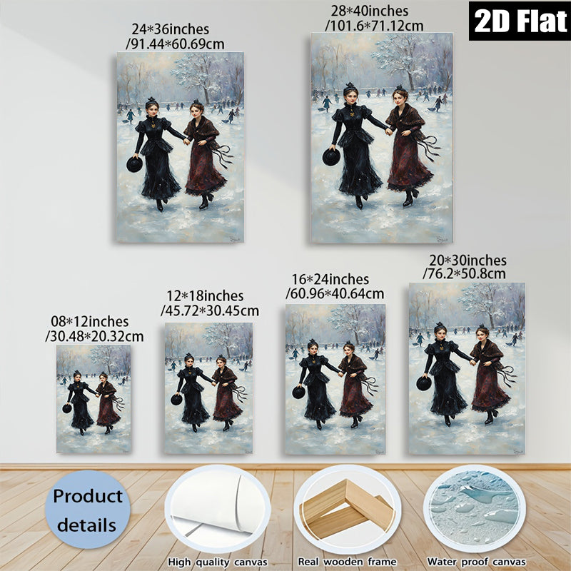 2D flat 1pc Winter Ice Skating Ladies Victorian Era Wall Art Canvas Prints For Living Room Bedroom Home Decor Farmhouse Style Gallery Wrapped Ready To Hang