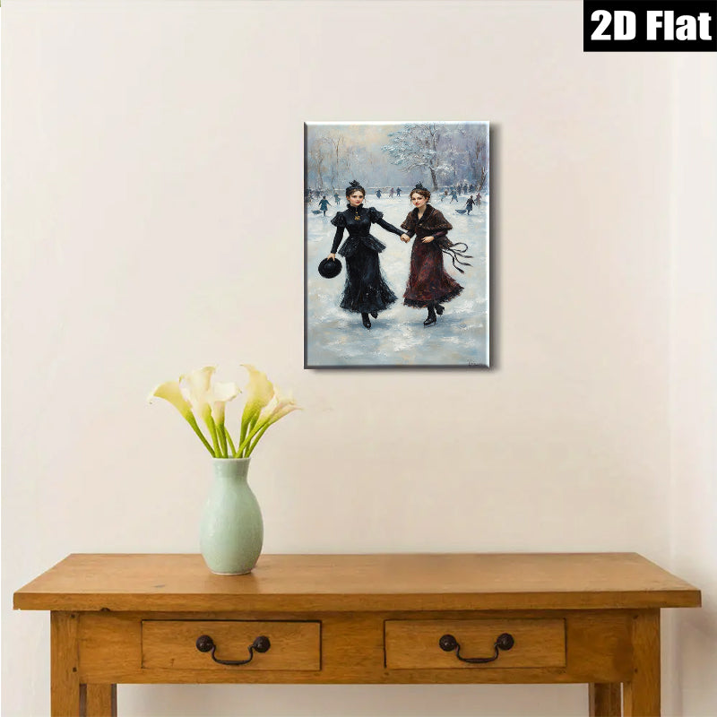 2D flat 1pc Winter Ice Skating Ladies Victorian Era Wall Art Canvas Prints For Living Room Bedroom Home Decor Farmhouse Style Gallery Wrapped Ready To Hang