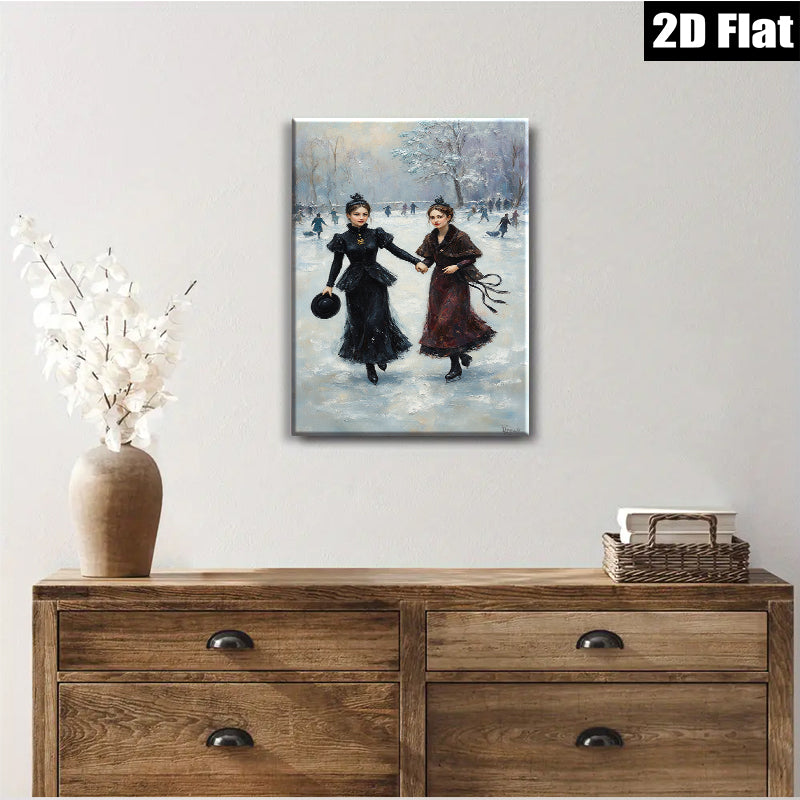 2D flat 1pc Winter Ice Skating Ladies Victorian Era Wall Art Canvas Prints For Living Room Bedroom Home Decor Farmhouse Style Gallery Wrapped Ready To Hang